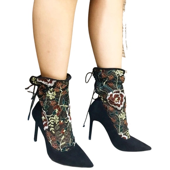 ZARA Black Floral Embroidery Sock Heels - Picture 13 of 14